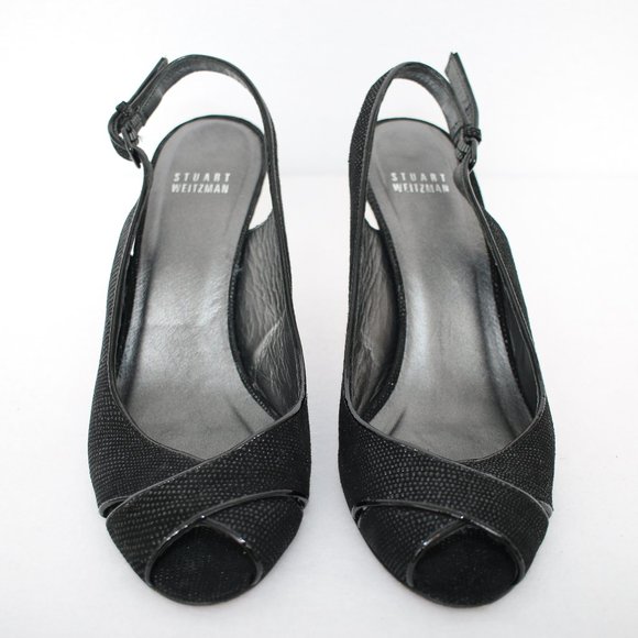 Stuart Weitzman Black Sparkly Open Toe Slingback Heels Sz 8.5 W - Picture 3 of 6